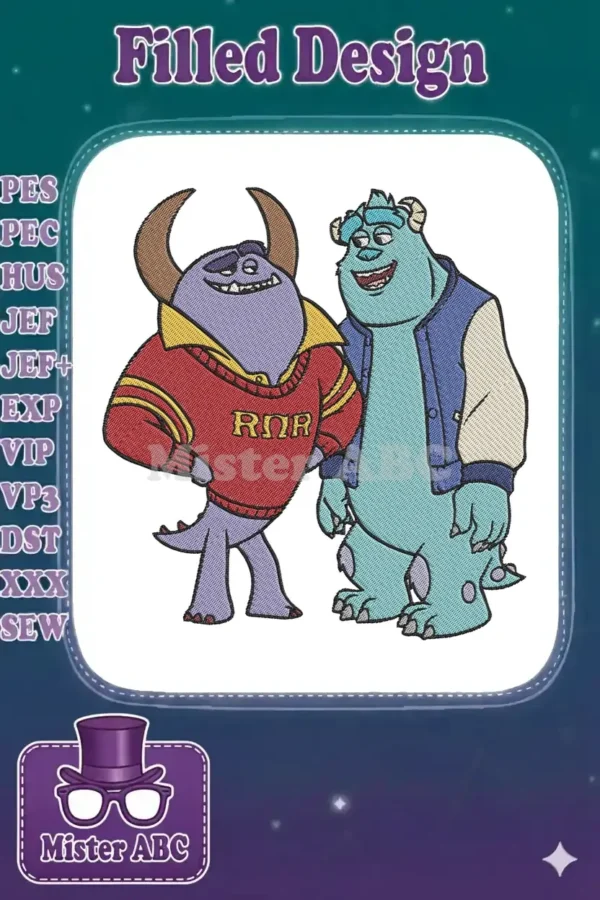 A colorful embroidery design featuring Randall Boggs in an ROR sweater and Sulley in a varsity jacket.