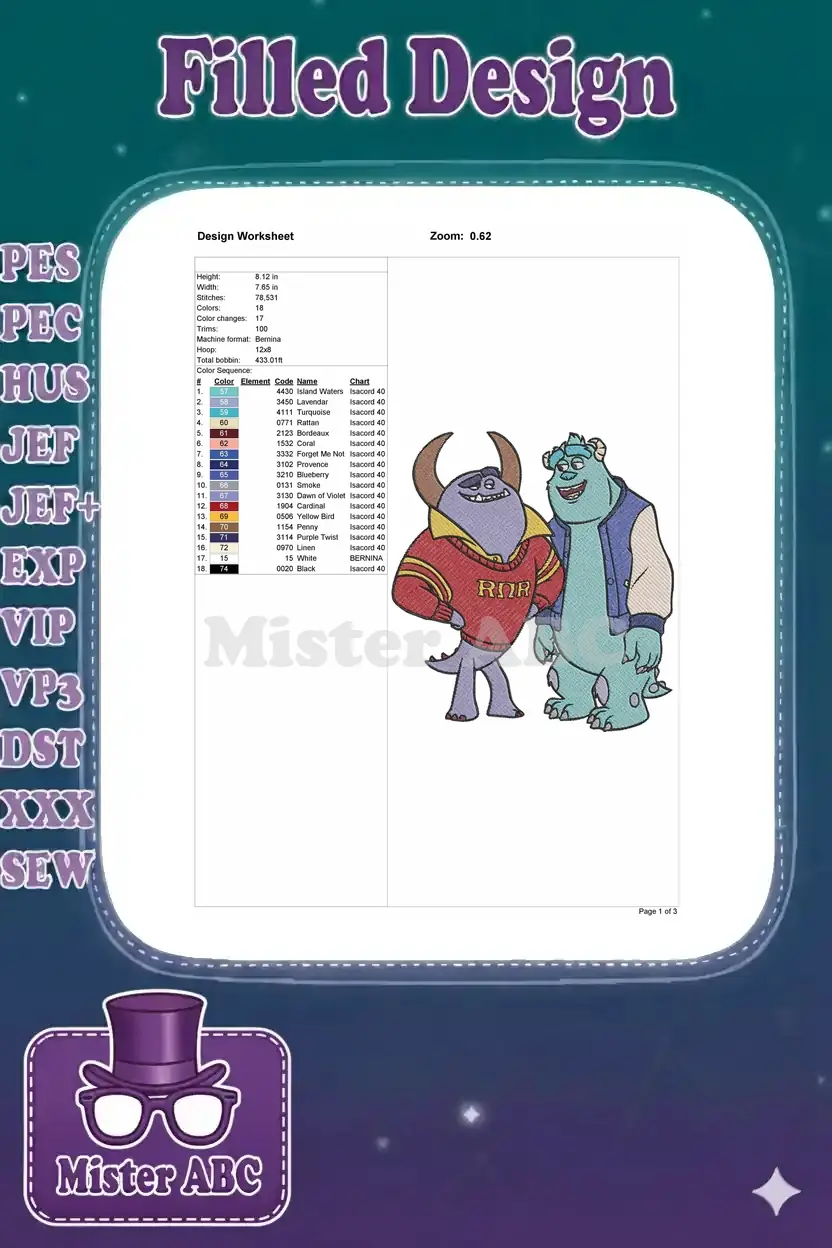 A detailed design worksheet for the Monsters University embroidery, showing dimensions and color sequence.