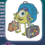 Happy Mike Wazowski Monsters University travel embroidery designs with luggage - Instant Download
