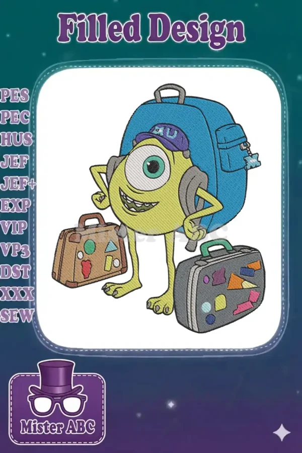 Mike Wazowski embroidery design with a blue backpack, purple cap, and two colorful suitcases, ready for adventure.