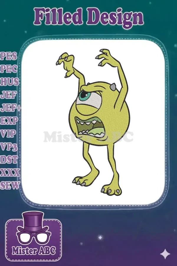 Full-color embroidery design of Mike Wazowski from Monsters Inc., screaming with arms raised, on a white background.
