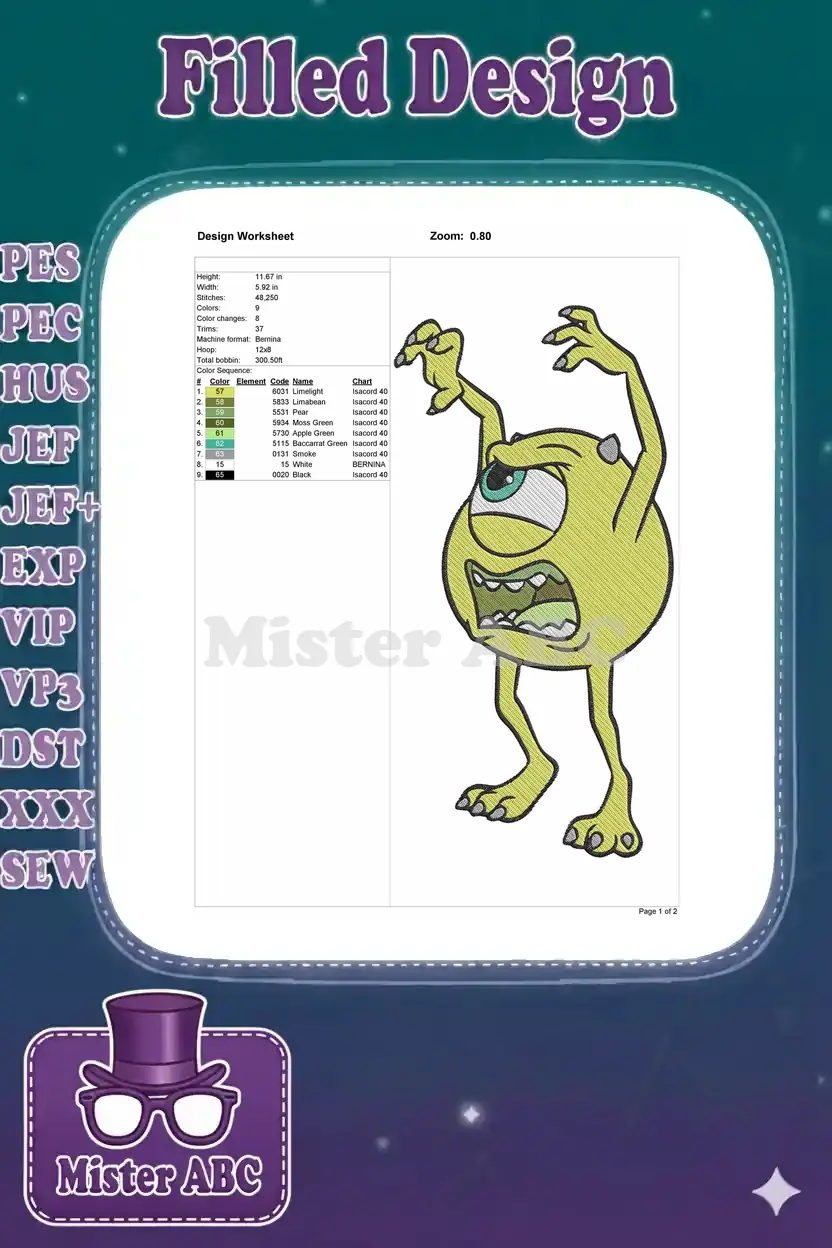 Embroidery design worksheet for Mike Wazowski, showing dimensions, stitch count, color sequence, and thread details.
