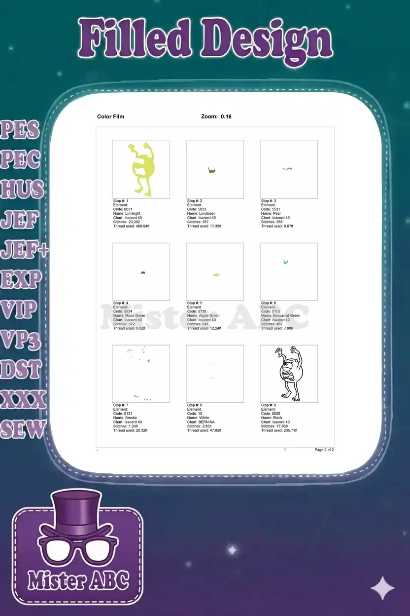 Color film breakdown for Mike Wazowski embroidery, showing each color stop, stitch counts, and thread lengths.