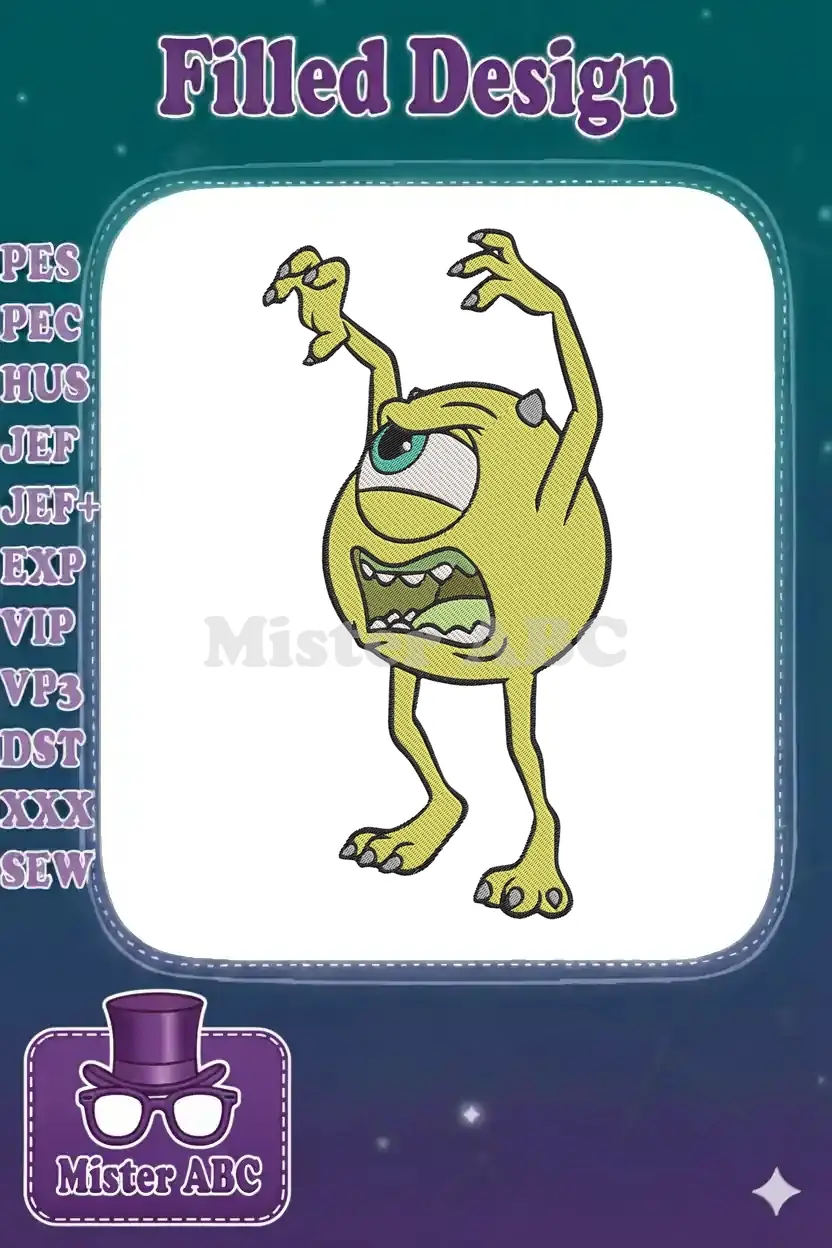 Full-color embroidery design of Mike Wazowski from Monsters Inc., screaming with arms raised, on a white background.