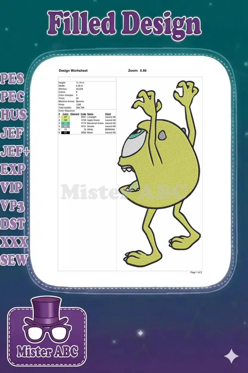 A detailed embroidery design worksheet displaying technical specifications for the one-eyed green monster design.