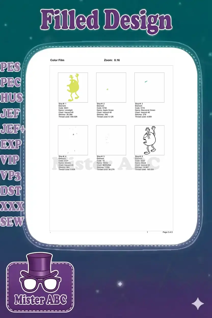 A color film document showing the individual stitch stops and thread details for the monster embroidery design.