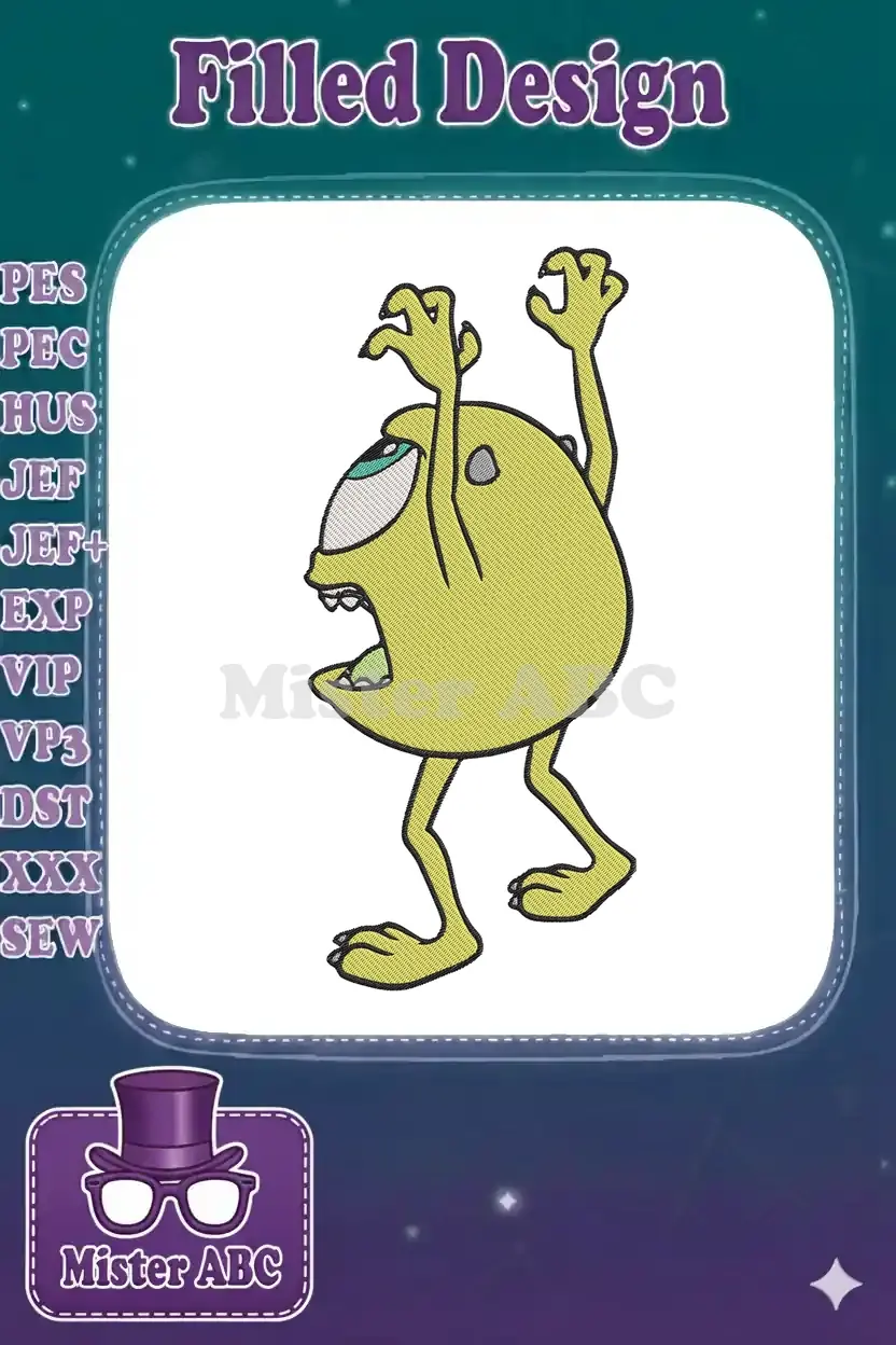 An energetic, one-eyed lime green monster embroidery design with arms raised, showcasing playful detail and expression.