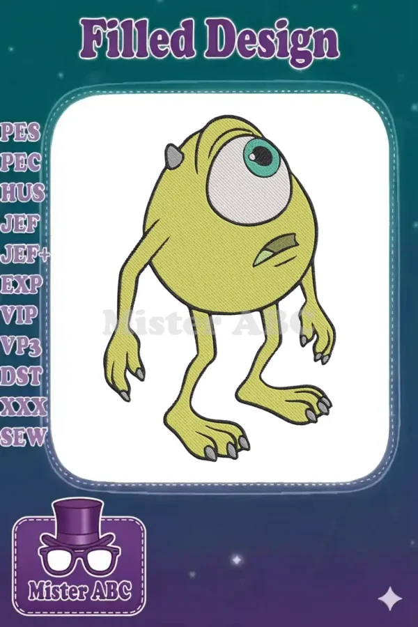 Detailed embroidery design of Mike Wazowski, the cheerful green monster from Monsters, Inc., with his signature single eye.