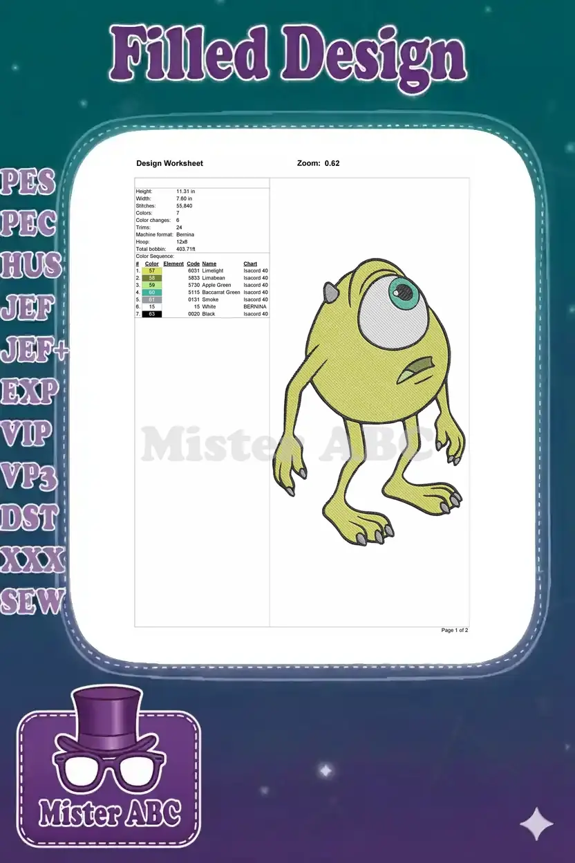 Detailed design worksheet for Mike Wazowski embroidery, outlining dimensions, stitch count, color sequence, and thread codes.