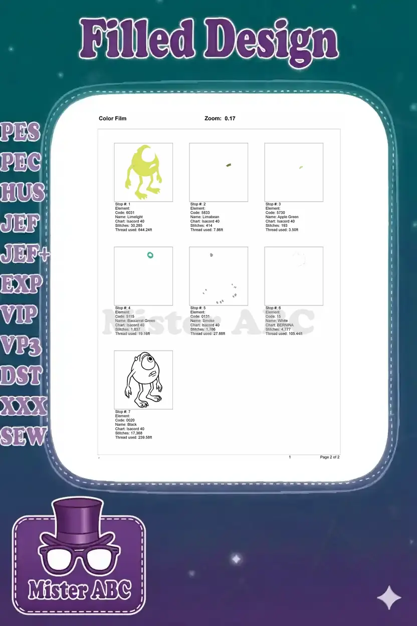 Sequential color film breakdown for Mike Wazowski embroidery, illustrating each stitch stop and color application.