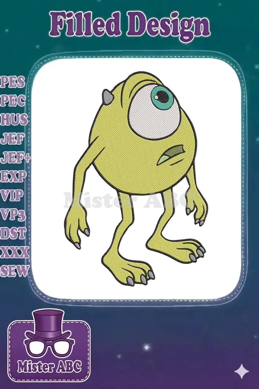 Detailed embroidery design of Mike Wazowski, the cheerful green monster from Monsters, Inc., with his signature single eye.