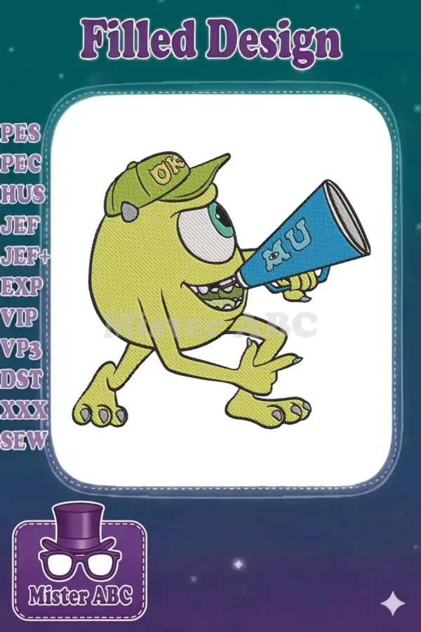 Full-color embroidery design of Mike Wazowski from Monsters University, running with a megaphone, detailed stitching.