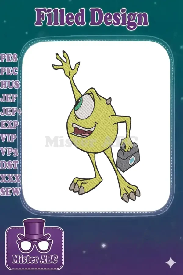 Vibrant Mike Wazowski embroidery design, a cheerful one-eyed green monster holding a toolbox, ready to personalize your items.