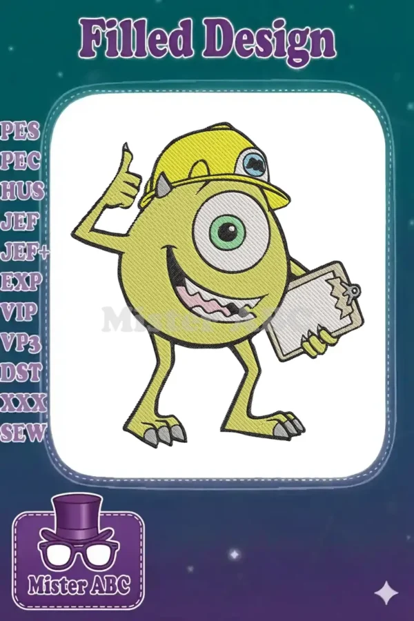 Vibrant Mike Wazowski embroidery design, wearing a yellow construction hat, giving a thumbs up, and holding a clipboard, ready for work.
