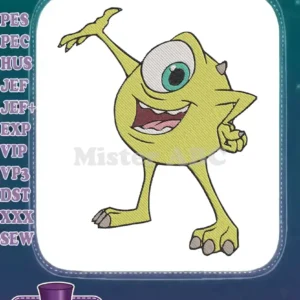 Digital embroidery design of a cheerful Mike Wazowski from Monsters, Inc., vibrant green with one large eye.