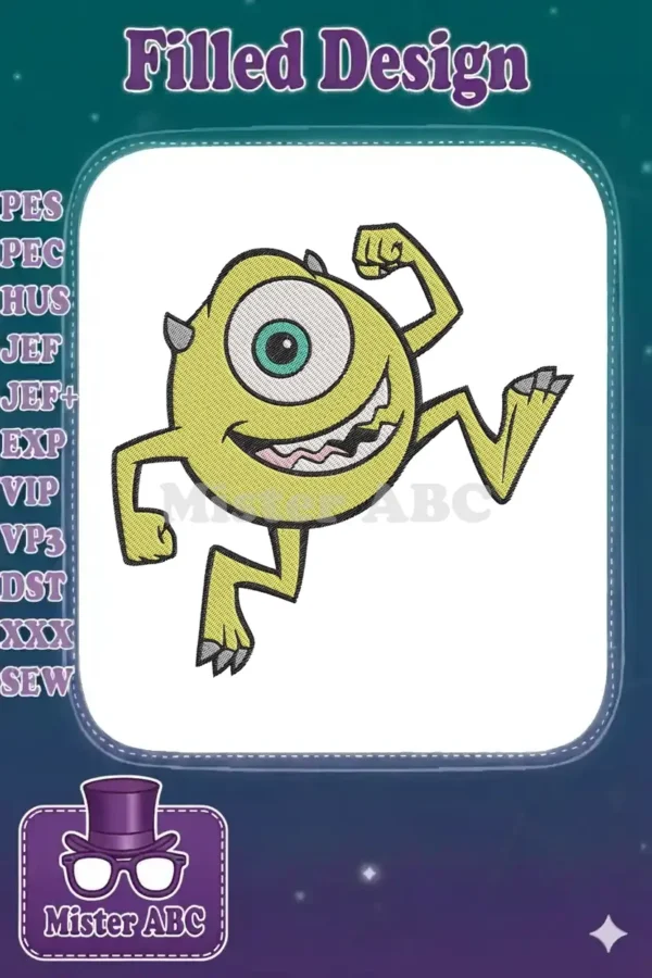 Vibrant embroidery design of Mike Wazowski from Monsters, Inc., striking a running pose with a big smile.