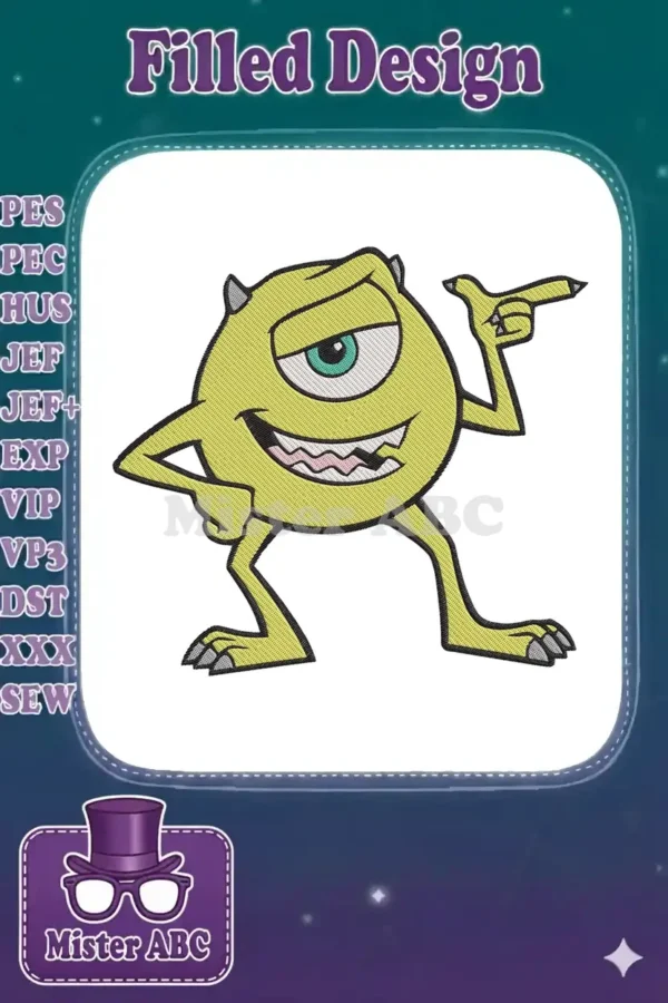 A playful Mike Wazowski embroidery design, featuring his signature smirk and one eye, pointing confidently to the right.