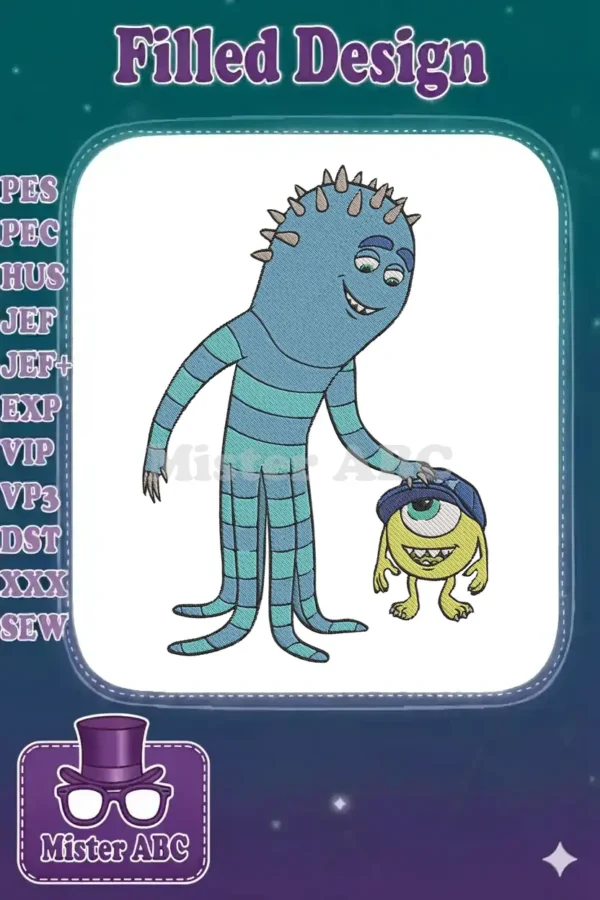 Vibrant embroidery design featuring Art from Monsters University, a blue multi-limbed character, alongside Mike Wazowski in a cap.