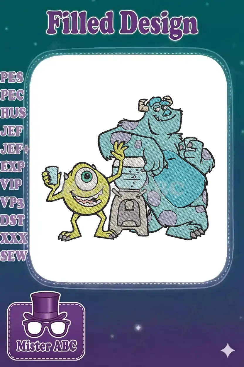 Vibrant embroidery design of Mike Wazowski and Sulley from Monsters, Inc. by a water cooler, ready to stitch.