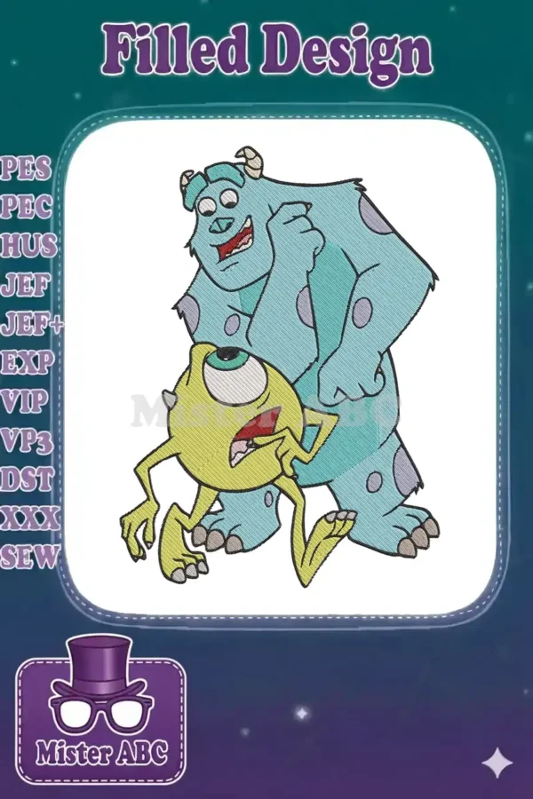 A vibrant embroidery design featuring Mike Wazowski looking startled and James P. 'Sulley' Sullivan looking happy.