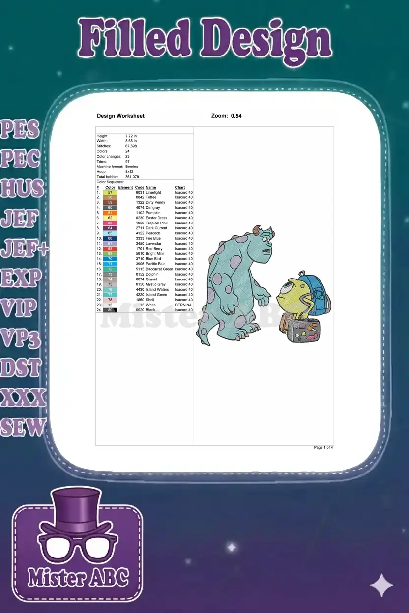 A detailed embroidery design worksheet showing Sulley and Mike, alongside technical specifications and a comprehensive color chart.