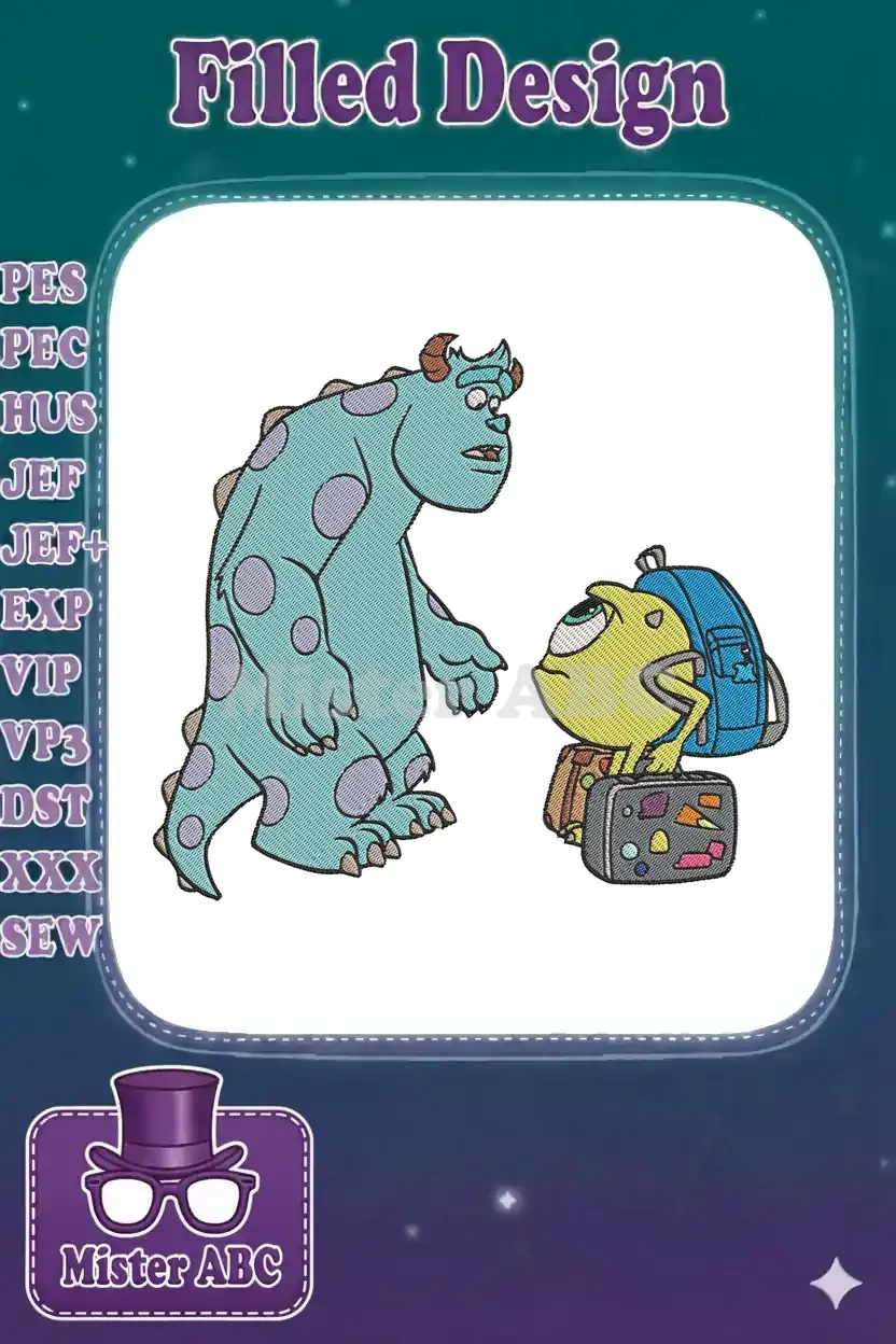 A detailed embroidery design featuring Sulley looking worried and Mike Wazowski with a backpack and suitcases, ready for travel.