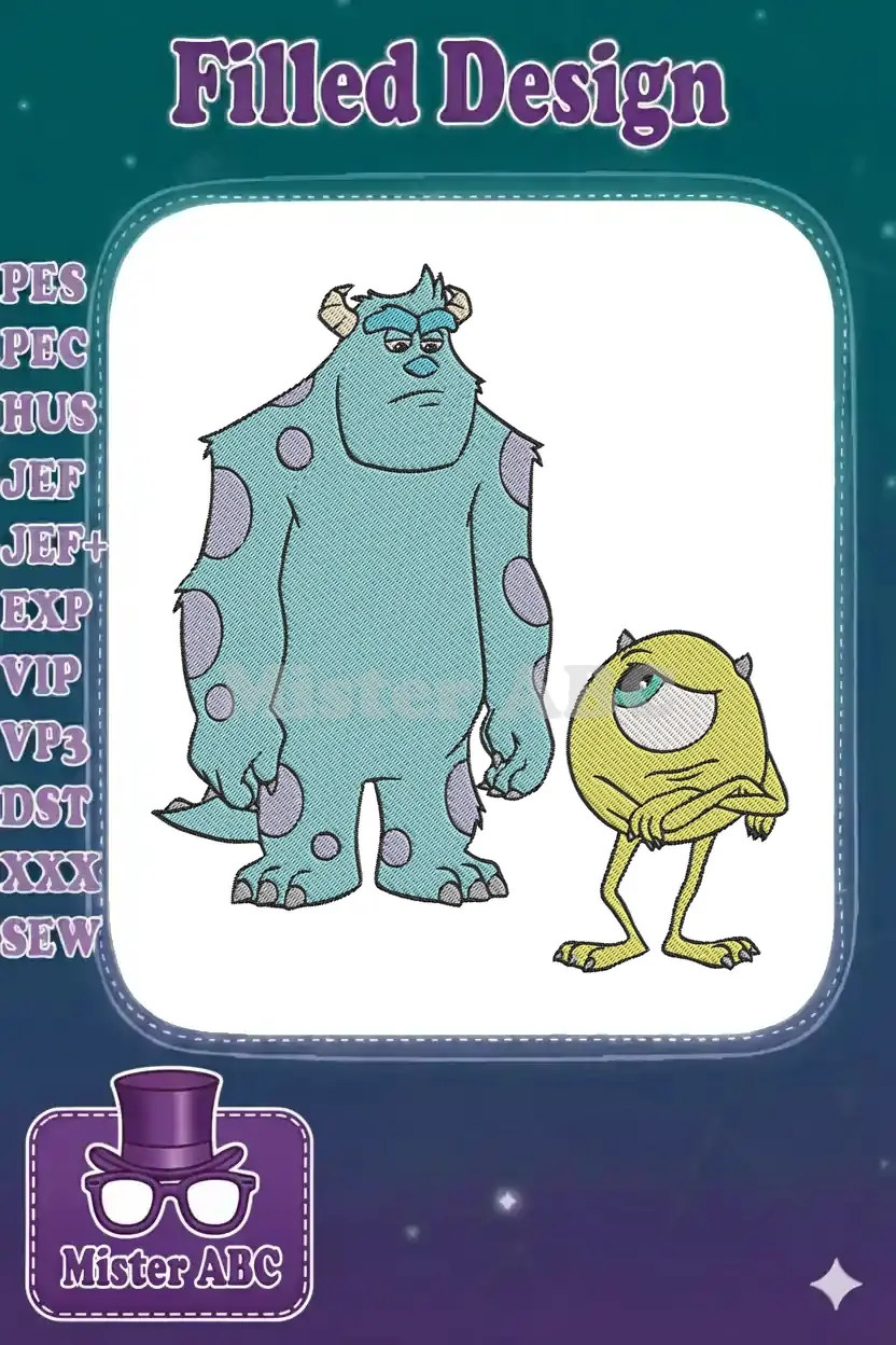 Embroidered design of Sulley and Mike Wazowski from Disney's Monsters, Inc., featuring vibrant colors and detailed stitching.