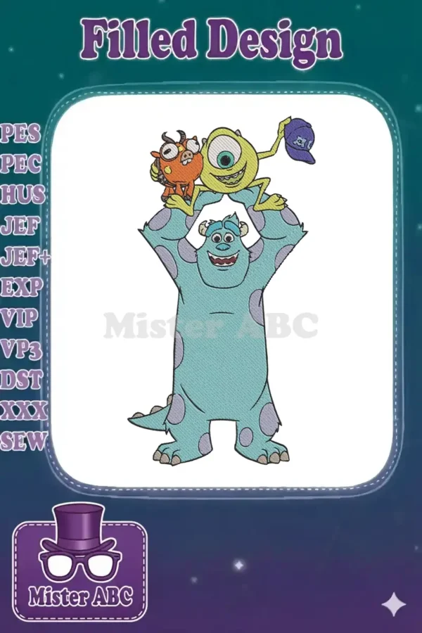 Vibrant embroidery design of Sulley holding up Mike Wazowski, who holds a small orange monster. Iconic trio.