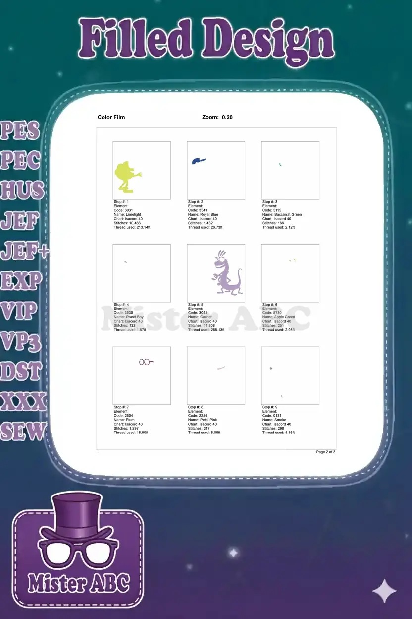 First page of the embroidery color film, illustrating the initial thread stop sequence and individual design elements.