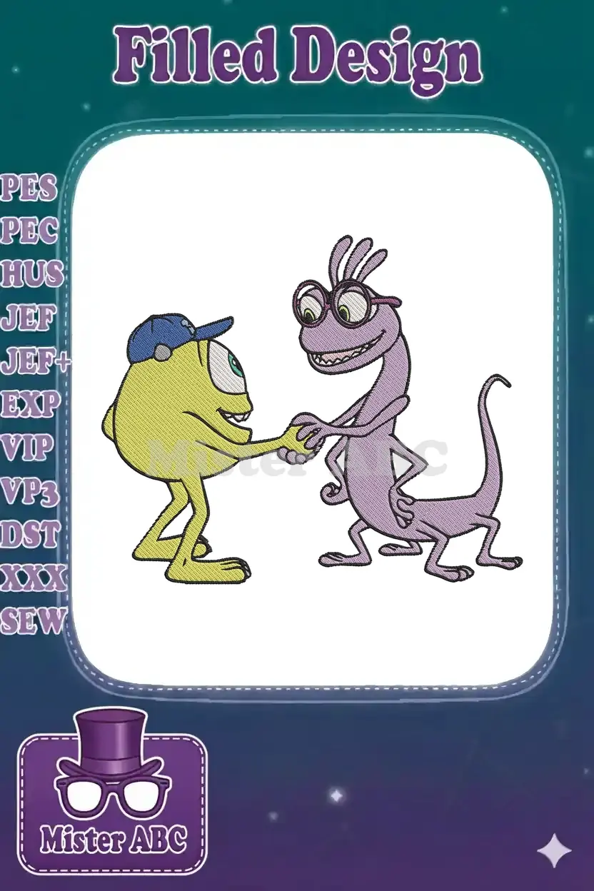 Vibrant embroidery design of Mike Wazowski and Randall Boggs from Monsters Inc. shaking hands, showcasing detailed stitching.
