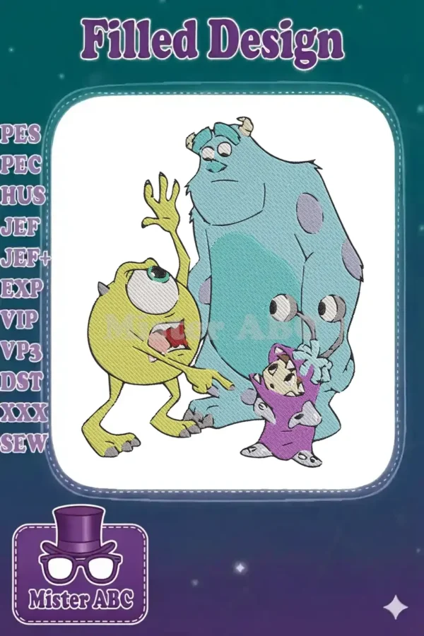 A detailed embroidery design featuring Sulley, Mike Wazowski, and Boo from Disney Pixar's Monsters, Inc.