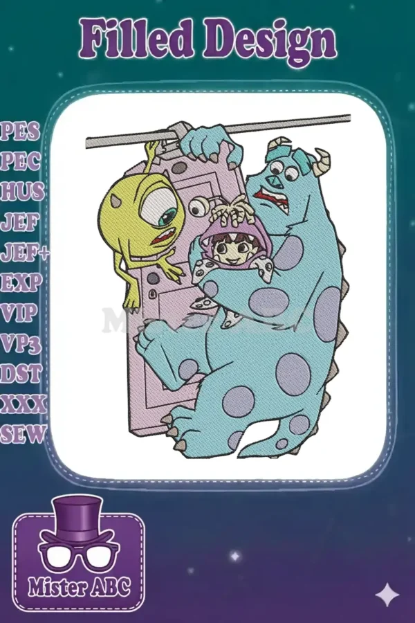 Captivating embroidery design of Mike Wazowski, Sulley, and Boo from Monsters, Inc. in a playful, action-packed scene.