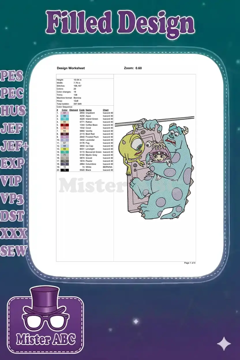Detailed embroidery design worksheet displaying project dimensions, stitch count, thread colors, and machine compatibility.