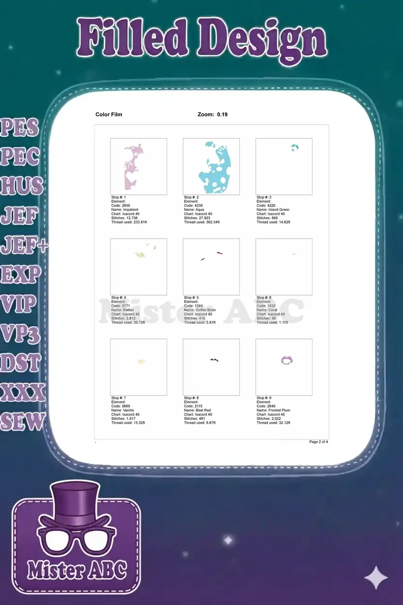 First page of the color film, illustrating the initial nine color stops with stitch counts and thread usage data.