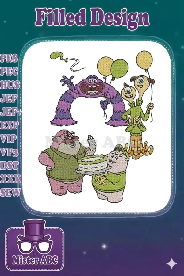 Vibrant embroidery design featuring Monsters University's Oozma Kappa members celebrating with balloons and a cake.