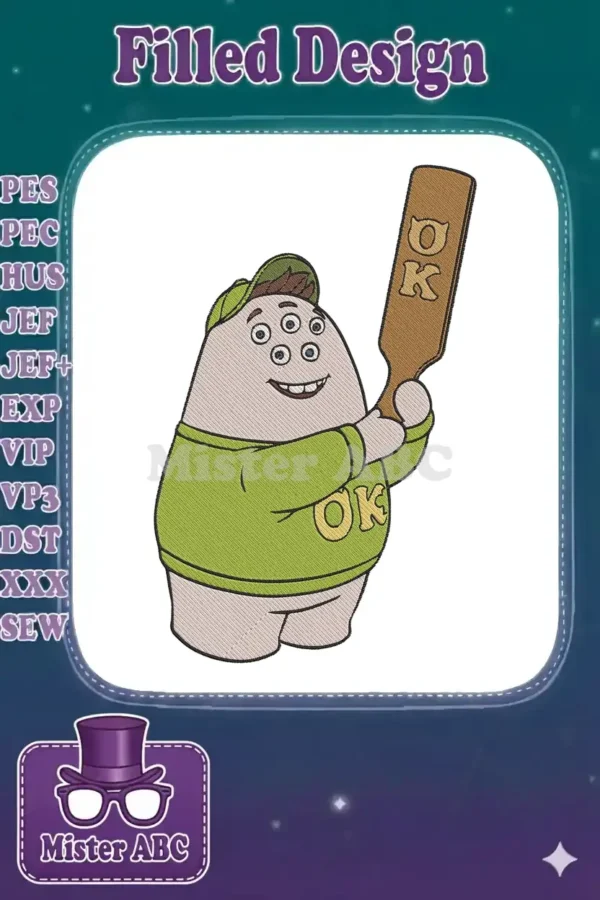 A charming embroidery design of Squishy from Monsters University, wearing a green cap and shirt, holding an 'OK' paddle.
