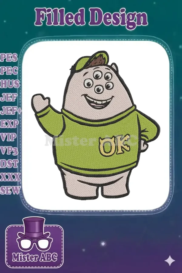 Cheerful Squishy embroidery design from Monsters University, featuring his iconic green 'OK' shirt and friendly wave.