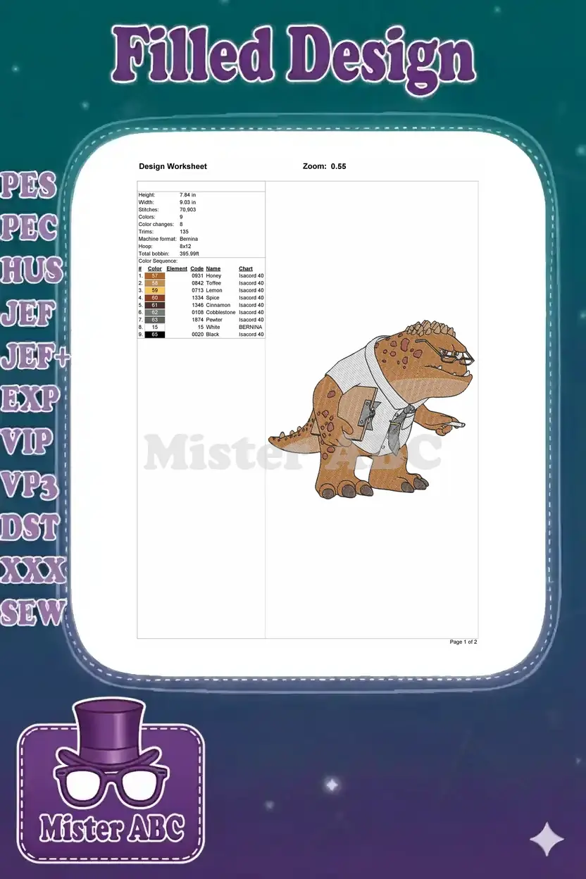 Embroidery design worksheet for Randall Boggs, showing dimensions, stitch count, color sequence, and machine info.