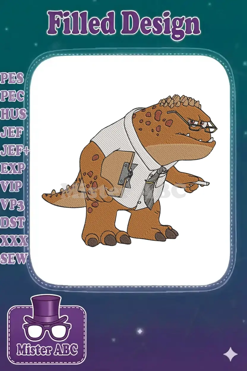 Full-body embroidery design of Randall Boggs from Monsters, Inc., wearing a white shirt, gray tie, and glasses.