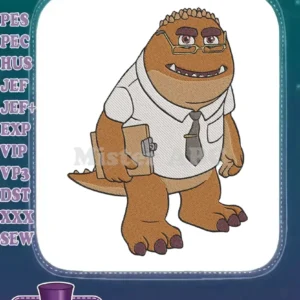 Digital embroidery design of Art from Monsters University, dressed in a white shirt, tie, and glasses, holding a clipboard.