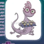 Cute purple lizard in pink glasses with EMPALY cupcakes embroidery designs - Instant Download