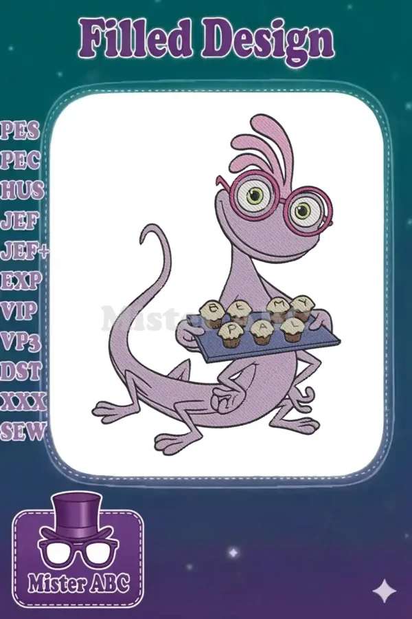 Detailed embroidery of Randall Boggs from Monsters Inc., a purple lizard-like character with pink glasses, holding a tray of cupcakes spelling "EMMA."