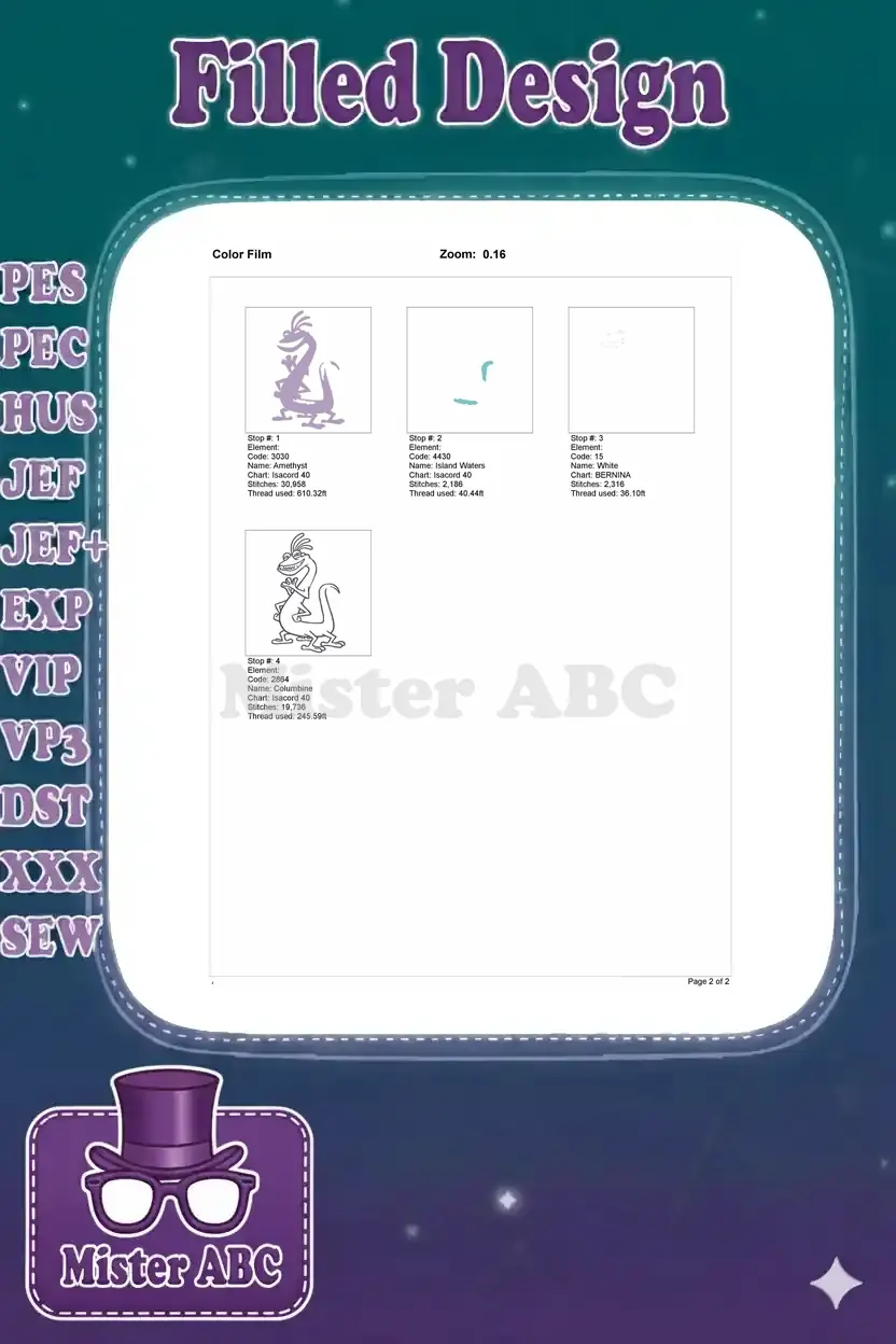 Color film breakdown for Randall Boggs embroidery showing stitch sequence for each of the four colors.