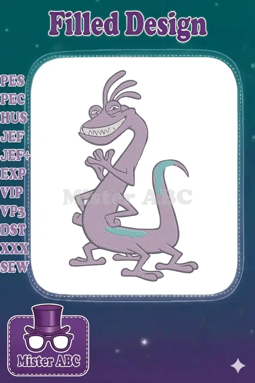 Full body embroidery design of Randall Boggs from Monsters, Inc., grinning widely, in vibrant purple and teal.