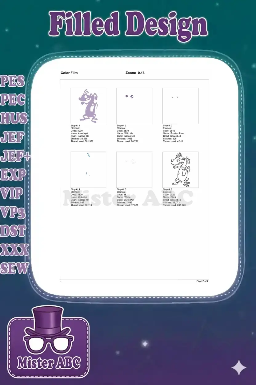Color film breakdown for Randall Boggs embroidery, showing each stitch stop, color, and thread usage details.