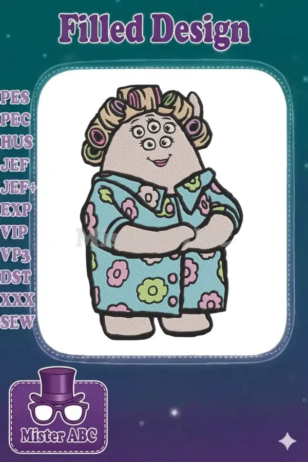 Embroidered Celia Mae from Monsters Inc. in curlers and floral pajamas, smiling with arms crossed. Detailed character design.