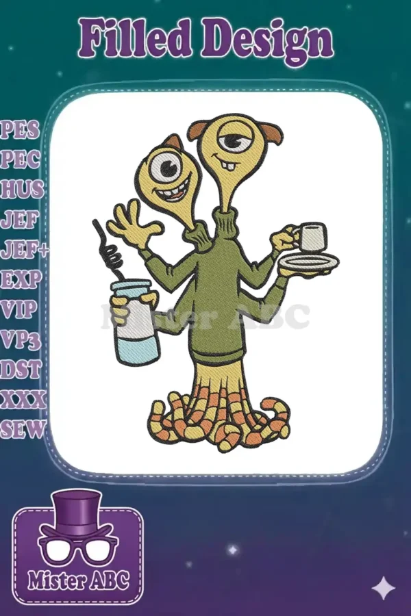 Detailed embroidery of Squishy from Monsters University, featuring two heads, four arms, and a cozy green sweater.