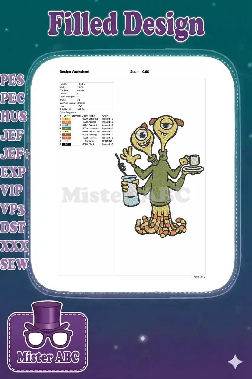 Embroidery design worksheet for Squishy, detailing dimensions, stitch count, color sequence, and machine format.