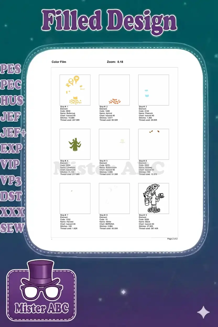 Color film breakdown for Squishy embroidery, showing the stitching sequence and thread usage for each color.