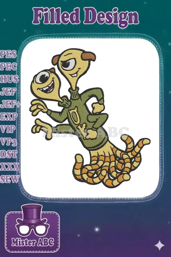 A cheerful yellow, multi-eyed monster named Squishy from Monsters University, wearing a green "OK" sweater.